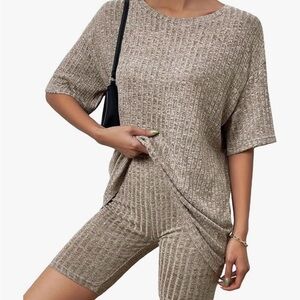 Cozy Ribbed Short Sleeve Two-Piece Lounge Set Biker Short Spring / Summer